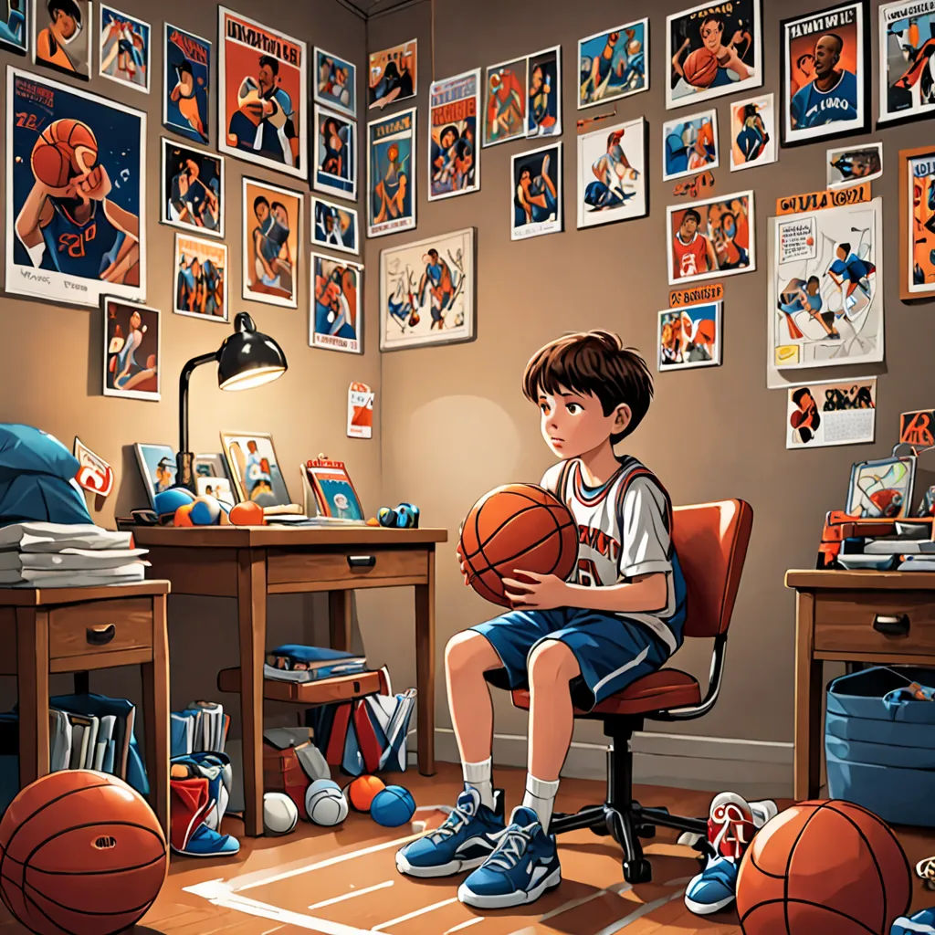 a boy sitting in a chair holding a basketball in a room with posters on the wall and a desk with a basketball on it, process art, a storybook illustration, Chris LaBrooy, highly detailed digital painting