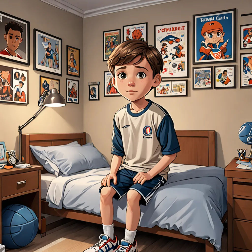 a boy sitting on a bed in a bedroom with a lot of pictures on the wall behind him and a basketball ball on the floor, photorealism, a storybook illustration, Chris LaBrooy, graphic novel