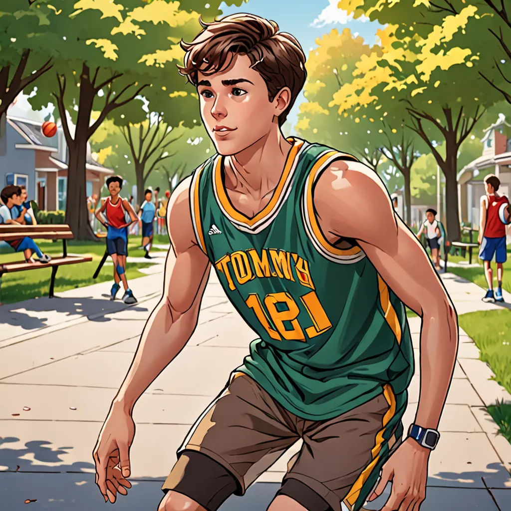 a man in a green jersey is playing basketball on a sidewalk with a group of people in the background, sots art, a comic book panel, Conroy Maddox, official art