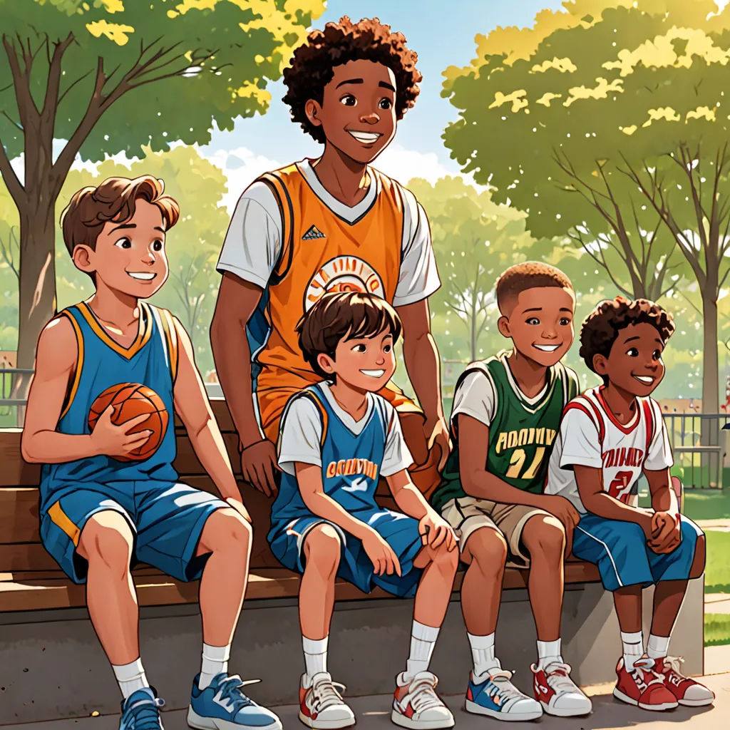 a group of young men sitting on a bench next to each other holding basketballs and basketball shoes on, american scene painting, a storybook illustration, Allan Brooks, official art