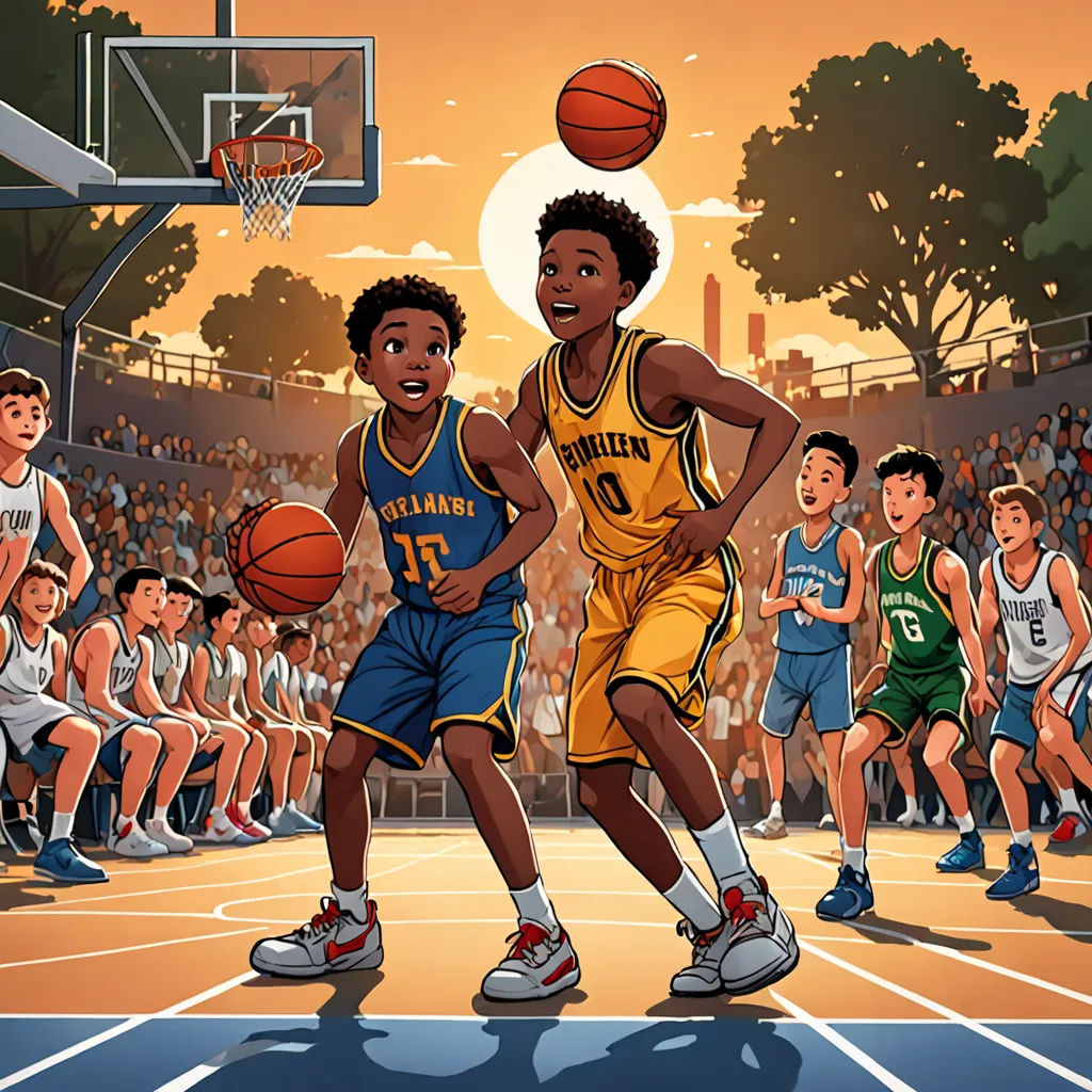 a group of young men playing a game of basketball on a court with a crowd watching them from the stands, harlem renaissance, a storybook illustration, Chris LaBrooy, comic cover art
