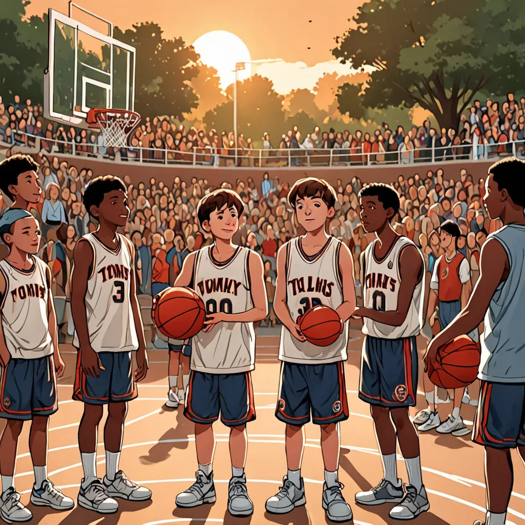 a group of young men standing on top of a basketball court holding basketballs in their hands and a crowd watching, american realism, a storybook illustration, Brothers Hildebrandt, graphic novel