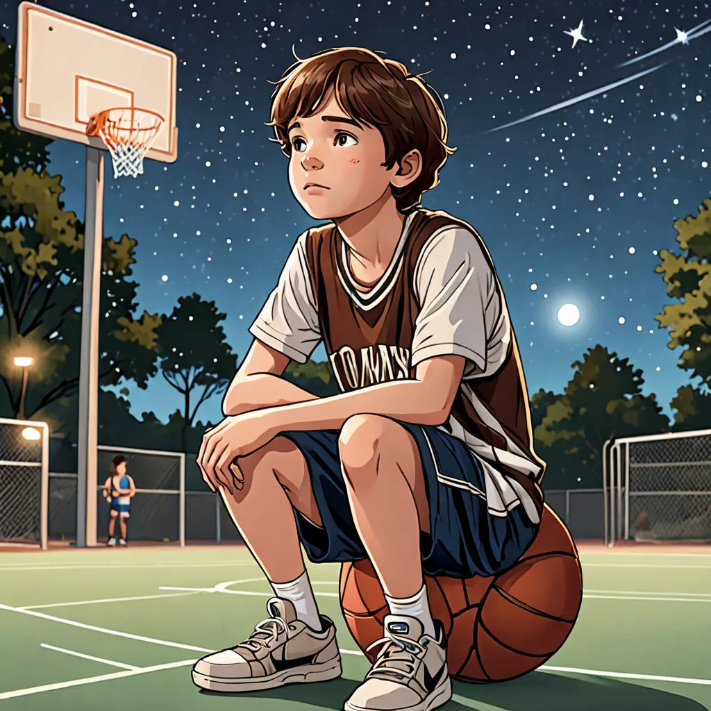a boy sitting on a basketball court with a basketball in his hand and a basketball in his other hand, american realism, a storybook illustration, Aaron Jasinski, graphic novel