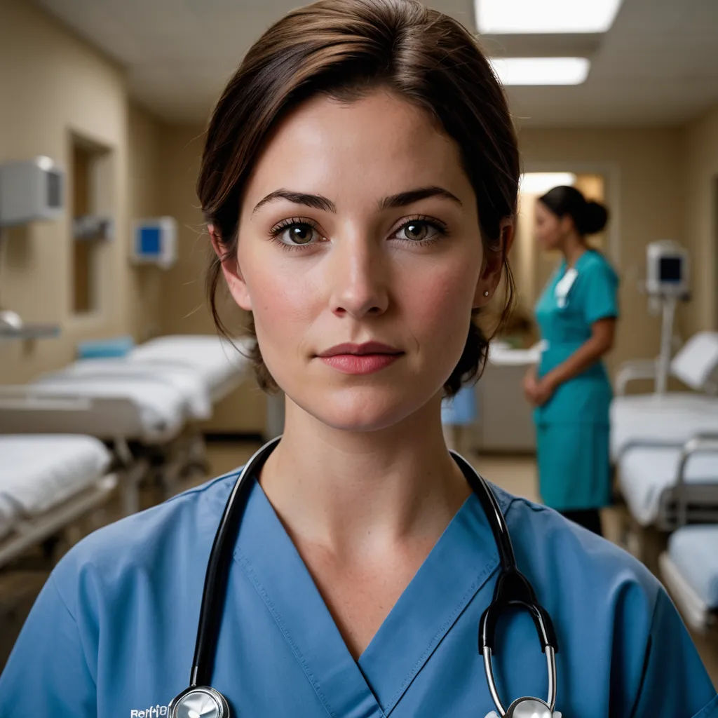a woman in scrubs standing in a hospital room with a stethoscope on her shoulder and a nurse in the background, neoplasticism, a character portrait, Brigette Barrager, promotional image