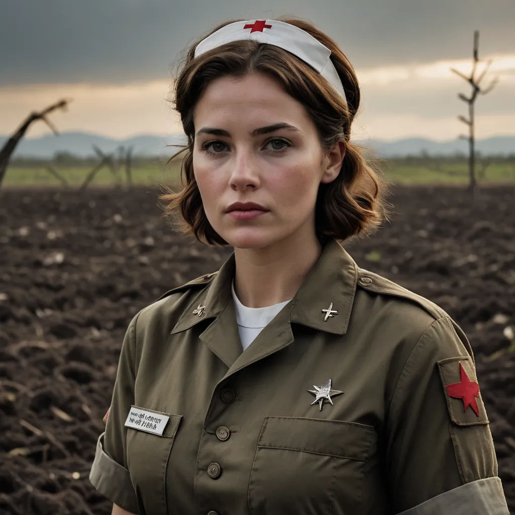 a woman in a uniform standing in a field of dirt with a red star on her head and a red cross on her shirt, renaissance, a character portrait, Claire Falkenstein, promotional image