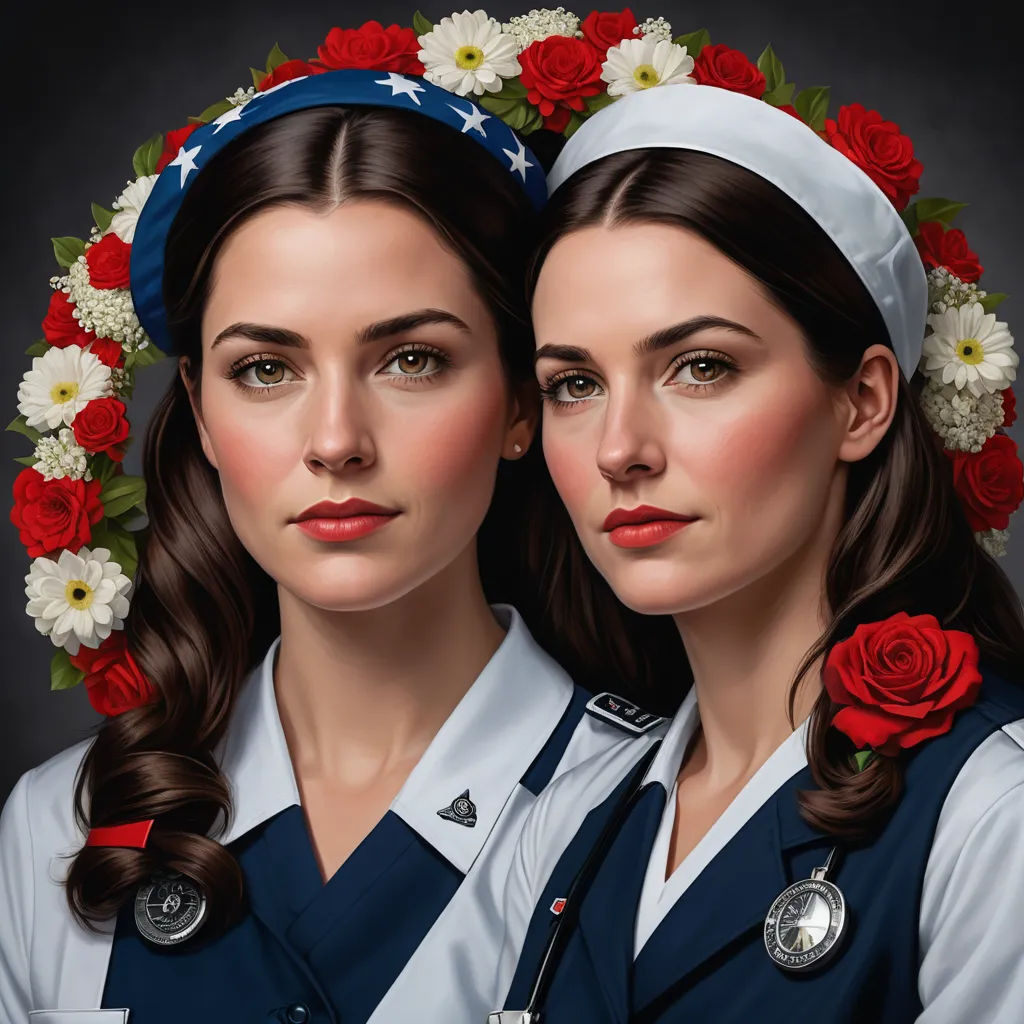 two women in uniforms with flowers in their hair and a wreath of flowers in her hair, both of them are identical, american realism, a photorealistic painting, Brothers Hildebrandt, highly detailed digital painting