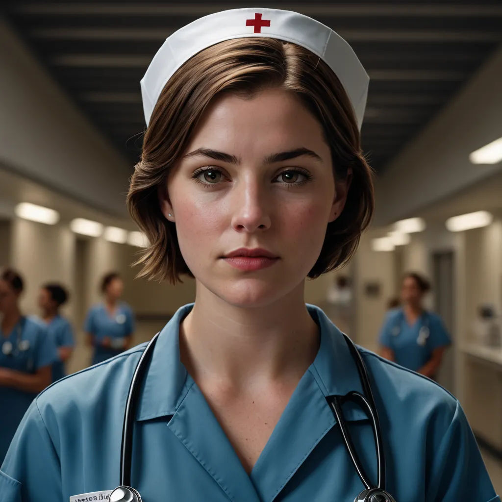 a woman in a hospital scrub suit with a red cross on her chest and a stethoscope on her head, photorealism, a character portrait, Constance Gordon-Cumming, promotional image