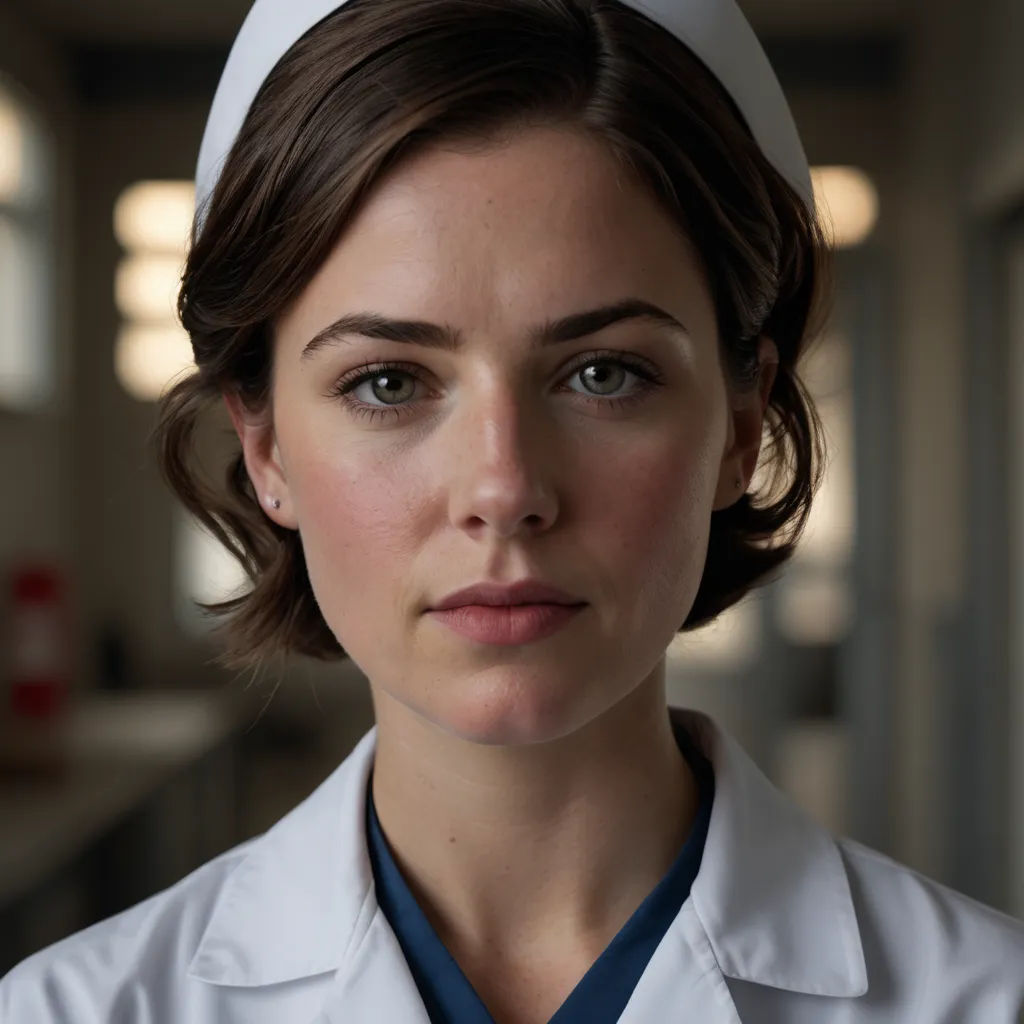 a woman in a white coat and a blue tie is looking at the camera and is wearing a white hat, de stijl, a character portrait, Constance Gordon-Cumming, promotional image