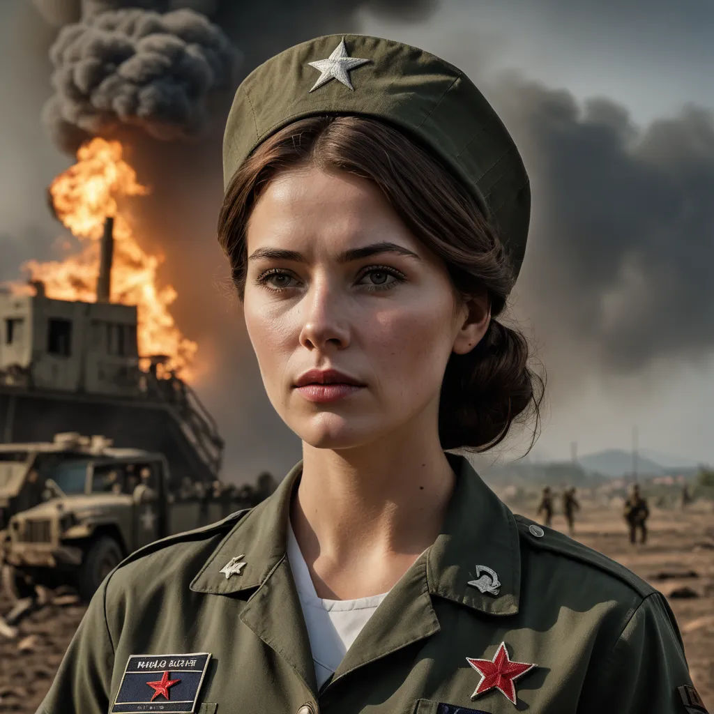 a woman in a military uniform standing in front of a fire and smoke cloud in the background with a truck in the foreground, serial art, a poster, Anka Zhuravleva, promotional image