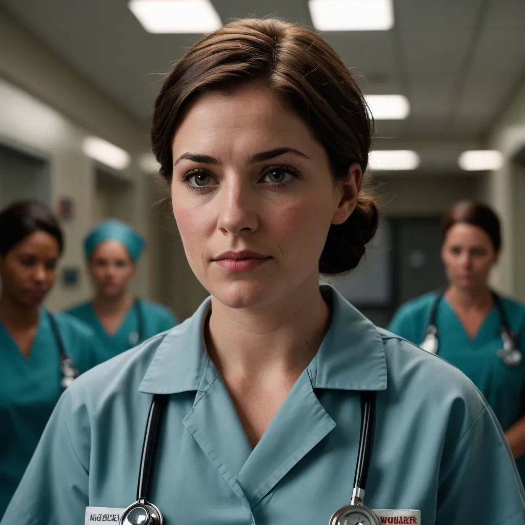 a woman in scrubs is standing in a hospital hallway with other nurses in the background and a light on, neoplasticism, a character portrait, Christabel Dennison, promotional image