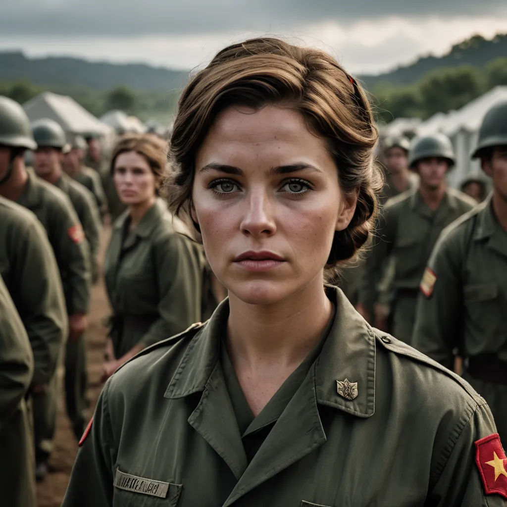 a woman in a military uniform standing in front of a group of people in uniform with helmets on their heads, antipodeans, a poster, Eva Gonzalès, promotional image