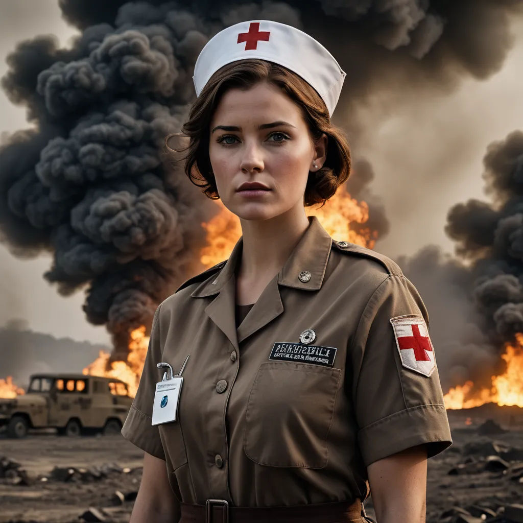 a woman in a nurse uniform standing in front of a fire with a truck in the background and a large plume of smoke behind her, renaissance, a poster, Elke Vogelsang, promotional image