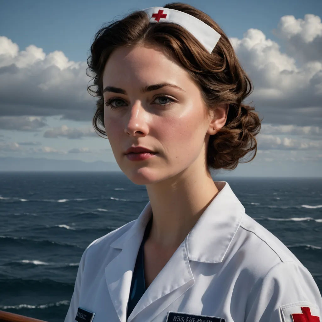 a woman in a nurse outfit standing on a boat in the ocean with a red cross on her head, de stijl, a character portrait, Constance Gordon-Cumming, promotional image