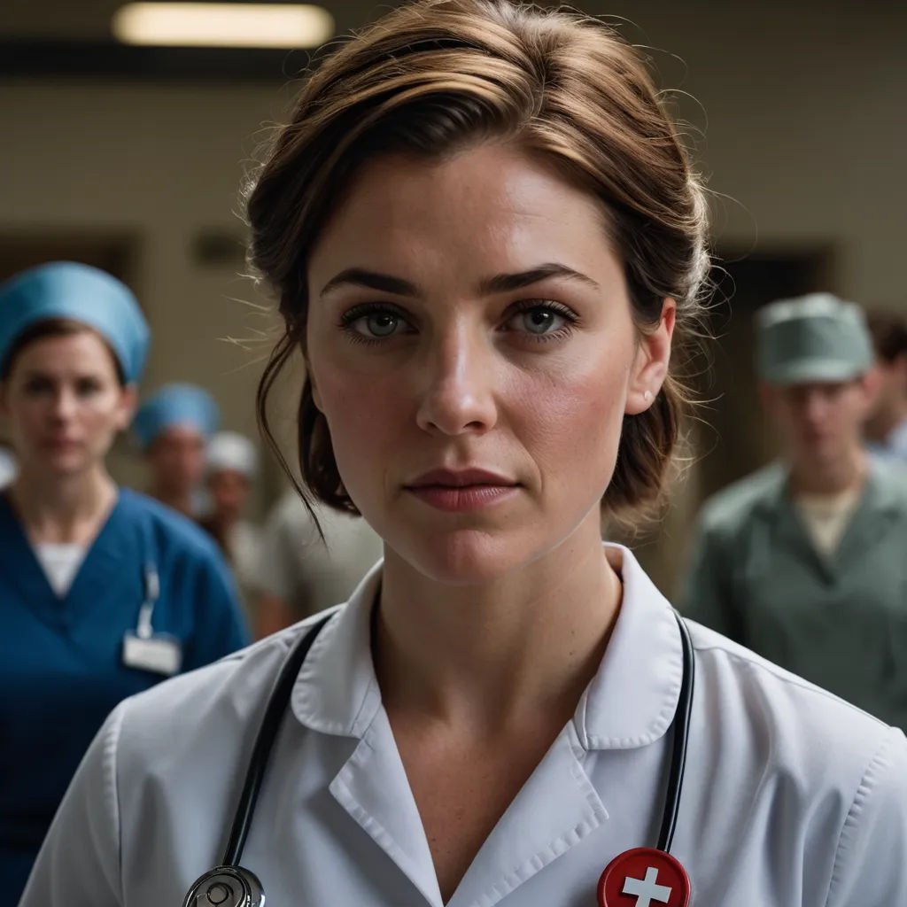 a woman in a white shirt and a red cross pin on her neck and a group of doctors in the background, viennese actionism, a character portrait, Claire Falkenstein, promotional image