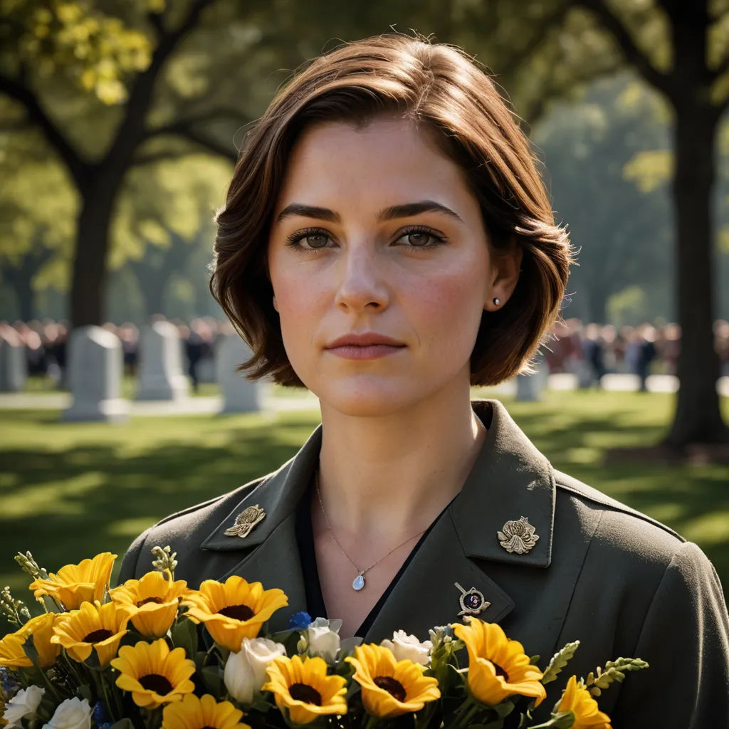 a woman in a military uniform holding a bouquet of flowers in a park with people in the background and trees, symbolism, a character portrait, Barbara Greg, promotional image