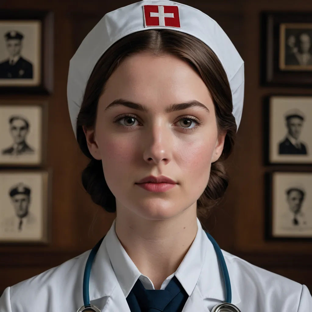 a woman in a nurse's uniform with a stethoscope on her head and a picture of a man in a suit, neoplasticism, a character portrait, Christen Dalsgaard, promotional image