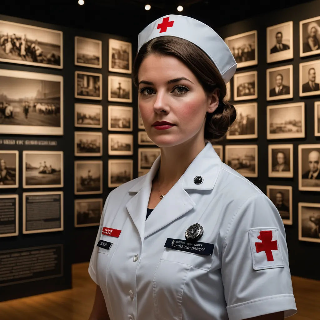 a woman in a nurse uniform standing in front of a wall of pictures and photos of nurses and their staff, art photography, a character portrait, Betty Merken, award-winning photograph
