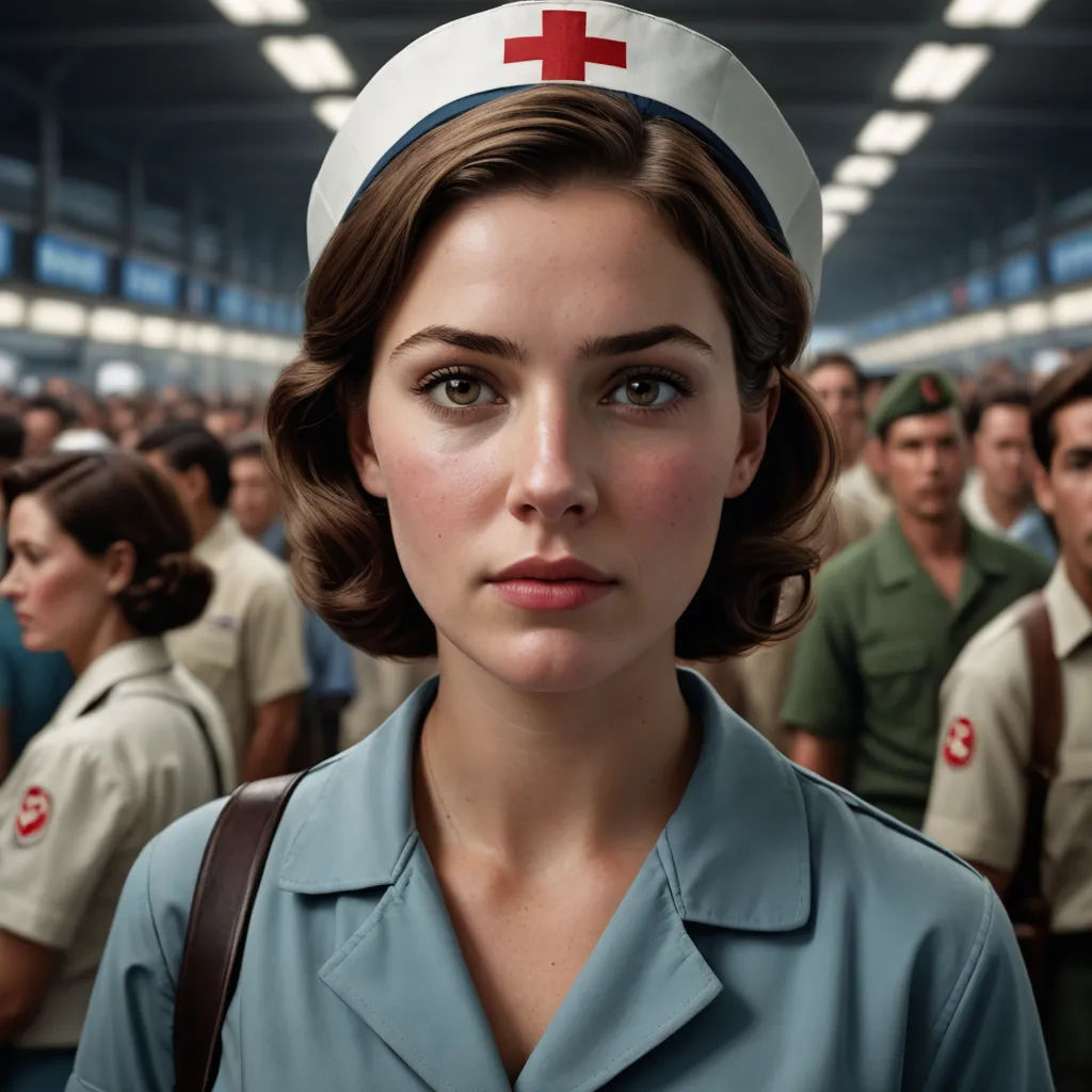 a woman in a nurse uniform standing in front of a group of people in uniform in a warehouse area, photorealism, a hyperrealistic painting, Elke Vogelsang, photoreal