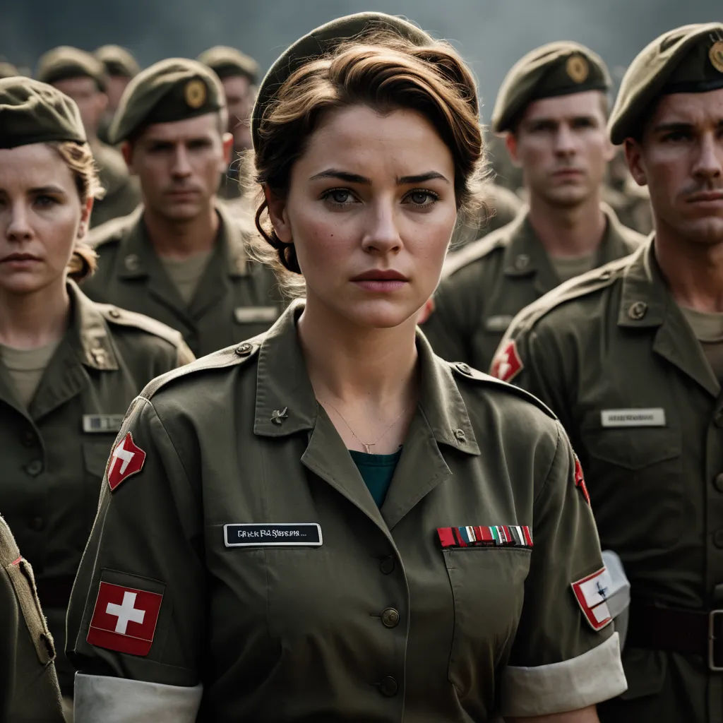 a woman in a uniform standing in front of a group of soldiers in uniform with a cross on her chest, antipodeans, a poster, Claire Falkenstein, promotional image
