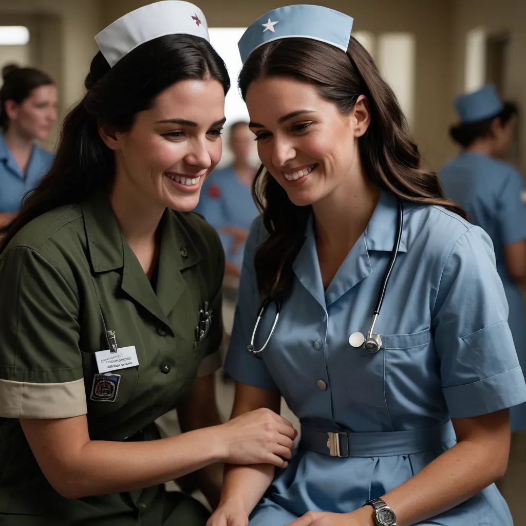 two women in scrubs smile as they stand together in a hospital hallway together and look at each other, neoplasticism, a stock photo, Charlotte Harding, promotional image