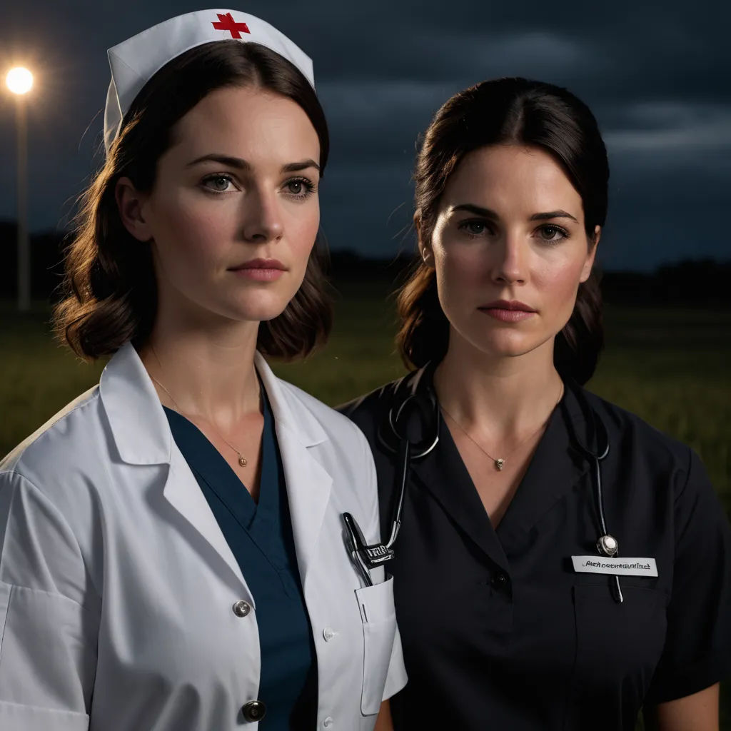 two women in scrubs standing in a field at night with a light on behind them and a dark sky, serial art, a poster, Dirk Crabeth, promotional image
