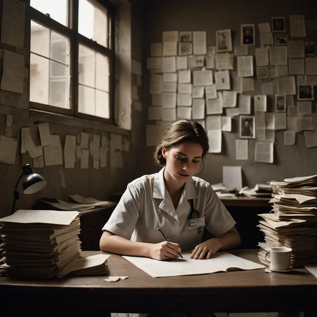 a woman sitting at a desk with stacks of papers on it and a lamp on top of it,, neoplasticism, a colorized photo, Anka Zhuravleva, promotional image