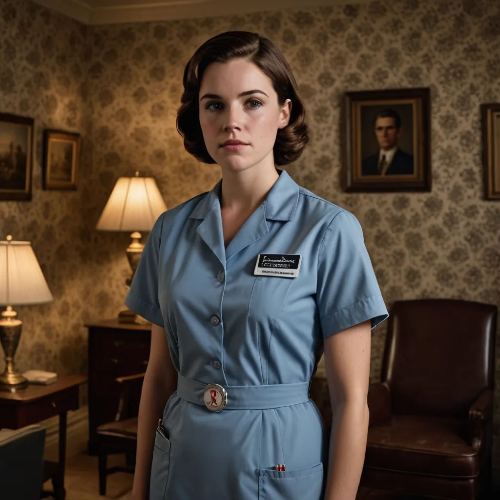 a woman in a blue uniform standing in a room with a lamp and pictures on the wall behind her, american realism, a character portrait, Constance Gordon-Cumming, promotional image