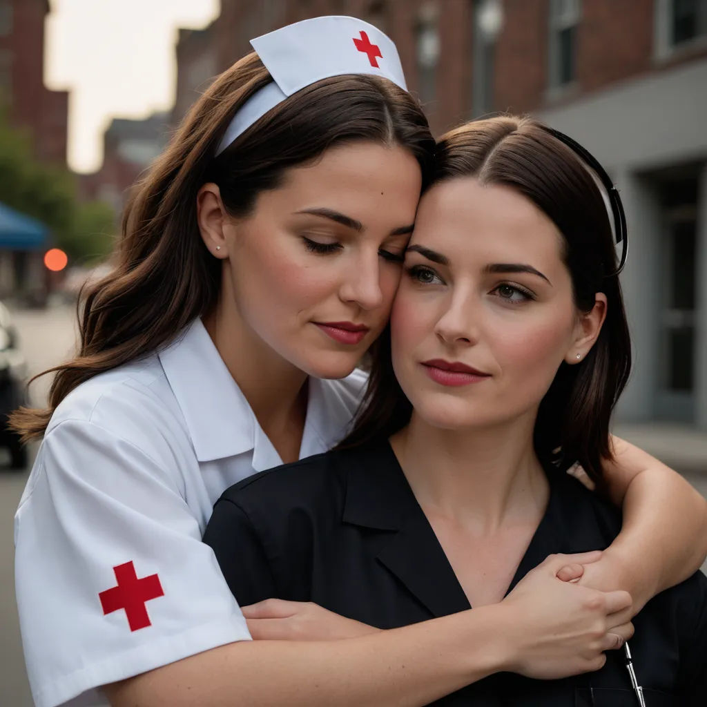two women in nurses uniforms hugging each other on the street in front of a building with a red cross on it, private press, a stock photo, Dave Melvin, promotional image