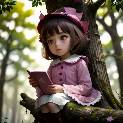 a little girl sitting on a tree branch holding a tablet computer in her hands and looking at the screen