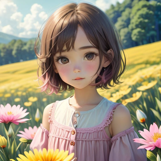 a little girl standing in a field of flowers with a sunflower in her hand and a mountain in the background