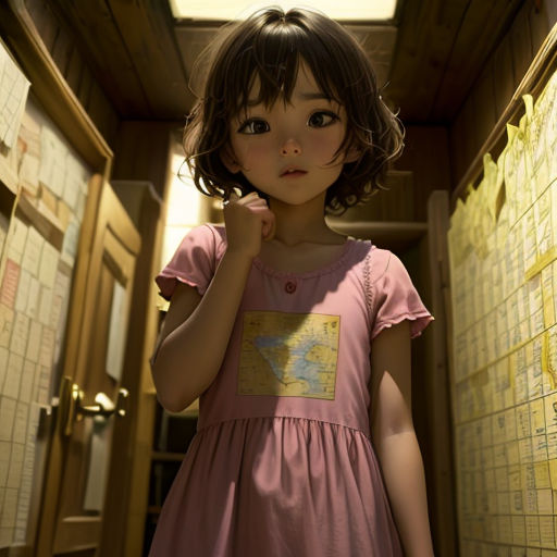a little girl standing in a hallway with a map on the wall behind her and a door in the background