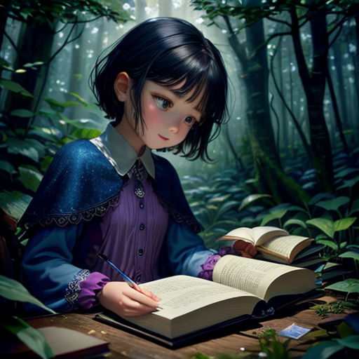 a girl sitting at a table with an open book in her hands and a forest background behind her, with a forest scene in the background
