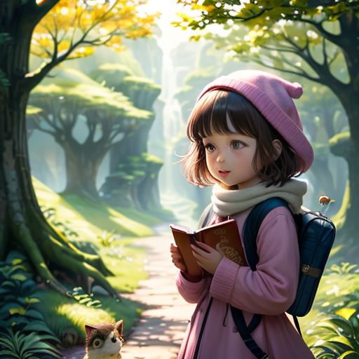 a little girl is standing in the woods with a book and a cat is looking at her in the distance