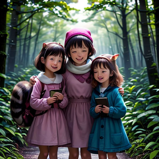 three little girls standing in the woods with their arms around each other and smiling at the camera, with a forest background