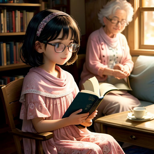 a little girl sitting in a chair reading a book with an older woman sitting in the background reading a book