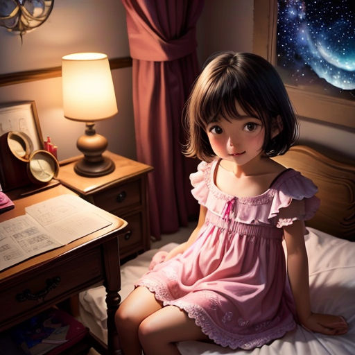 a little girl sitting on a bed in a room with a desk and a window with a view of the stars
