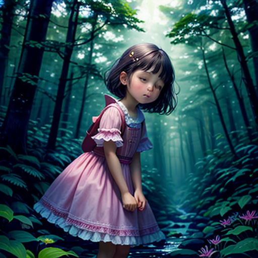 a little girl in a pink dress standing in the woods with a forest background and a light shining through the trees