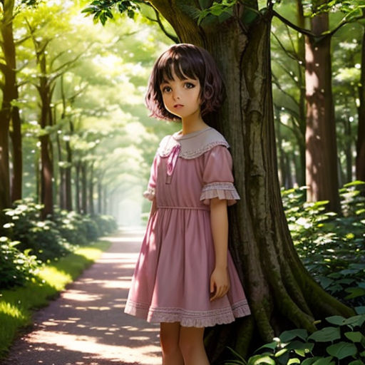 a little girl standing next to a tree in a forest with a path leading to it and a tree trunk