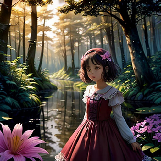 a little girl standing in a forest next to a pink flower and a pond with water lilies in it