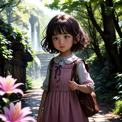 a little girl in a dress is standing in the woods with a bag and flowers in front of her