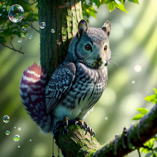 a bird perched on a tree branch with bubbles floating around it's head and body, with a green background