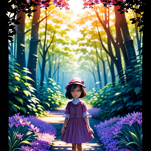 a little girl standing in the middle of a forest with purple flowers on the ground and a sunbeam