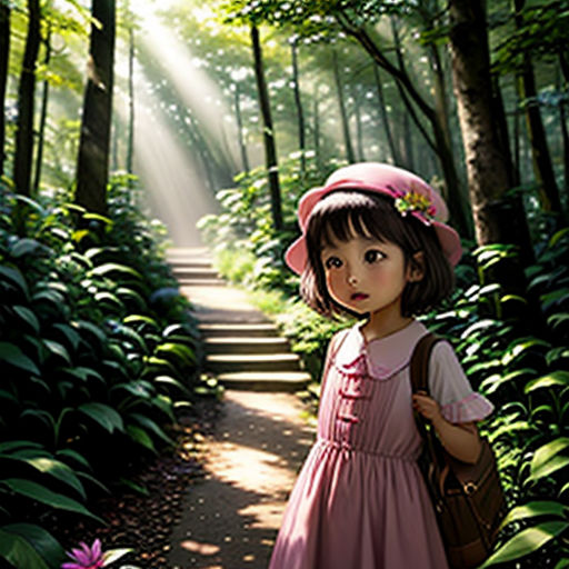 a little girl standing in the middle of a forest with a pink hat on her head and a brown bag