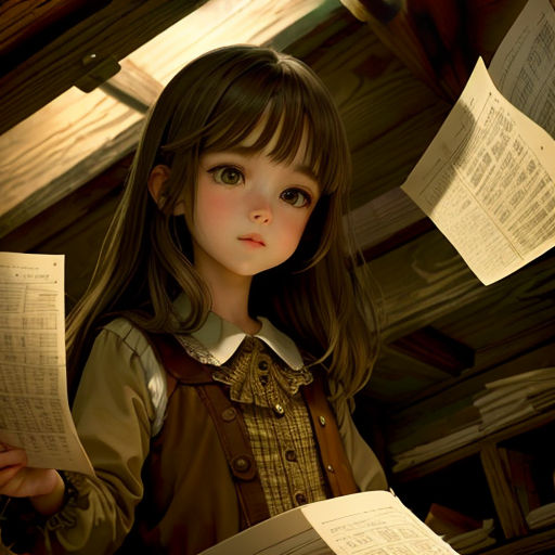 a girl is reading a book and looking at the camera with many papers flying around her and her hair blowing in the wind