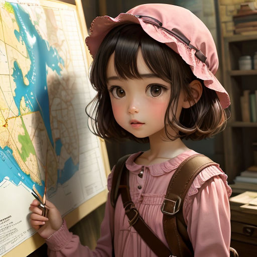 a little girl holding a map and a pair of scissors in her hand and looking at it with a serious look on her face