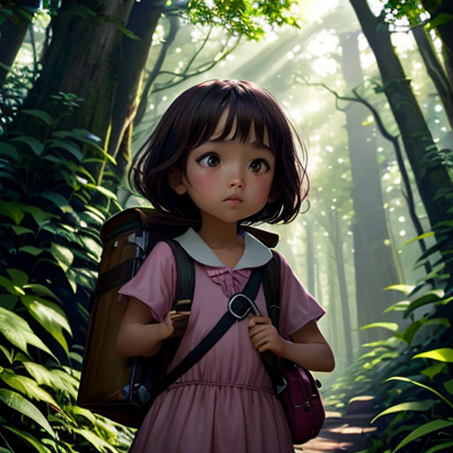 a little girl with a backpack is walking through the woods in the sunlight, with a backpack on her back