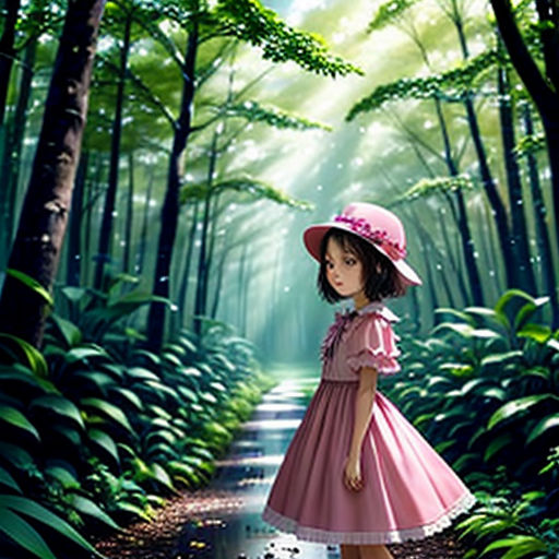 a little girl in a pink dress and hat standing in the middle of a forest with a dog on a leash