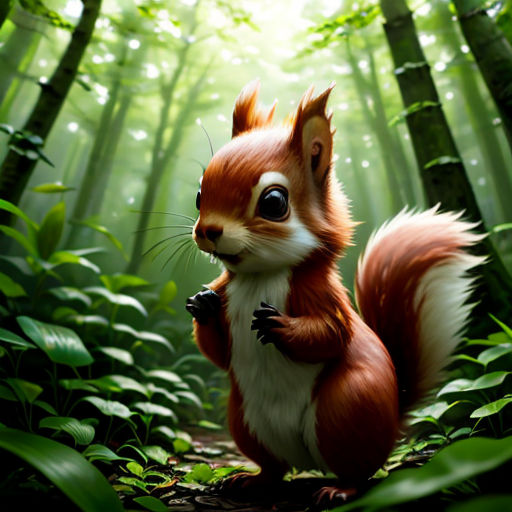 a squirrel is standing in the middle of a forest with tall grass and trees in the background, with a bright light coming through the leaves