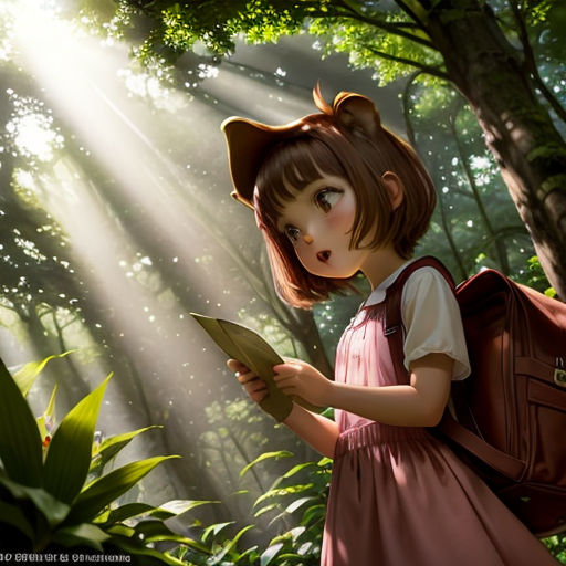 a girl in a pink dress is reading a book in the woods with sunlight streaming through the trees behind her