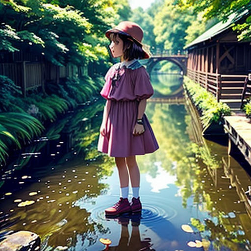 a girl in a pink dress and hat standing in a river with a bridge in the background and trees